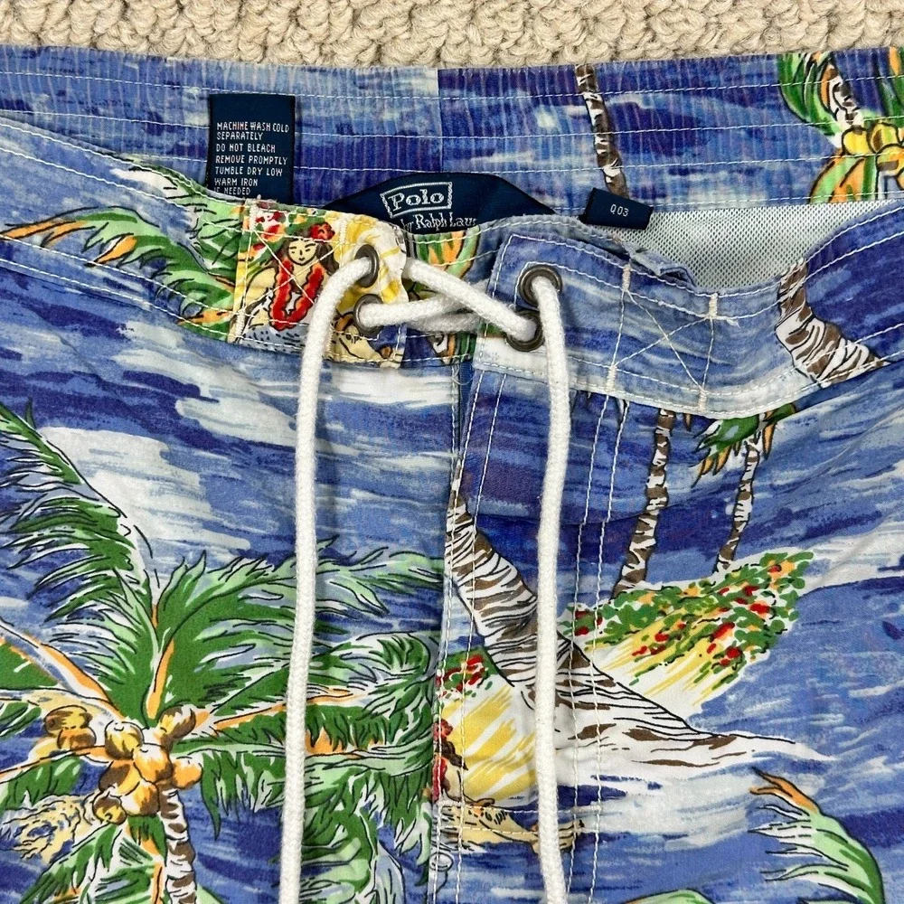 Vtg Polo Ralph Lauren Board Shorts Mens L Blue Swim Trunks Tie Front Palm Tree
